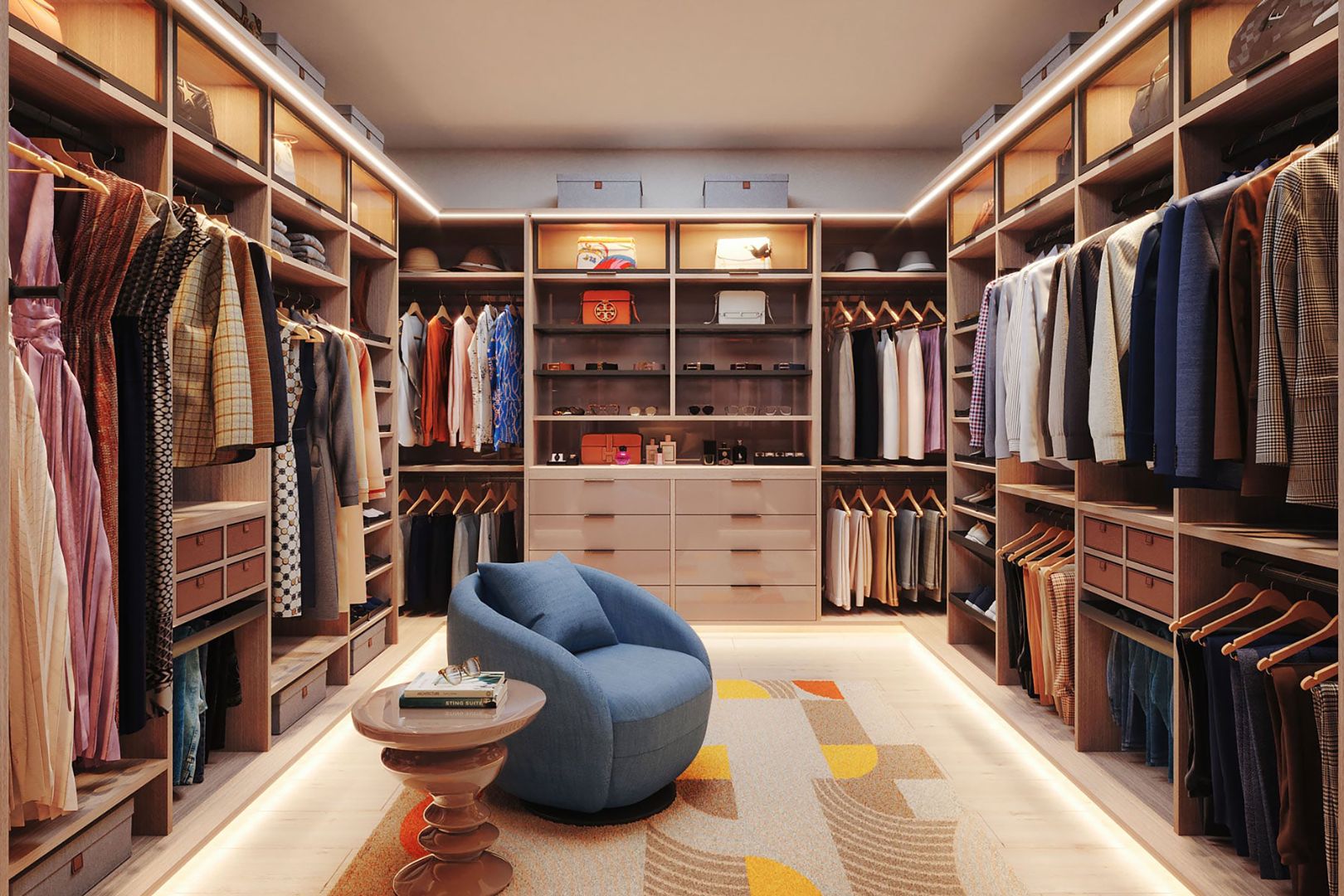 Closet Factory Modern Walk In Closet featuring LED lighting and a chaise sofa front view copy